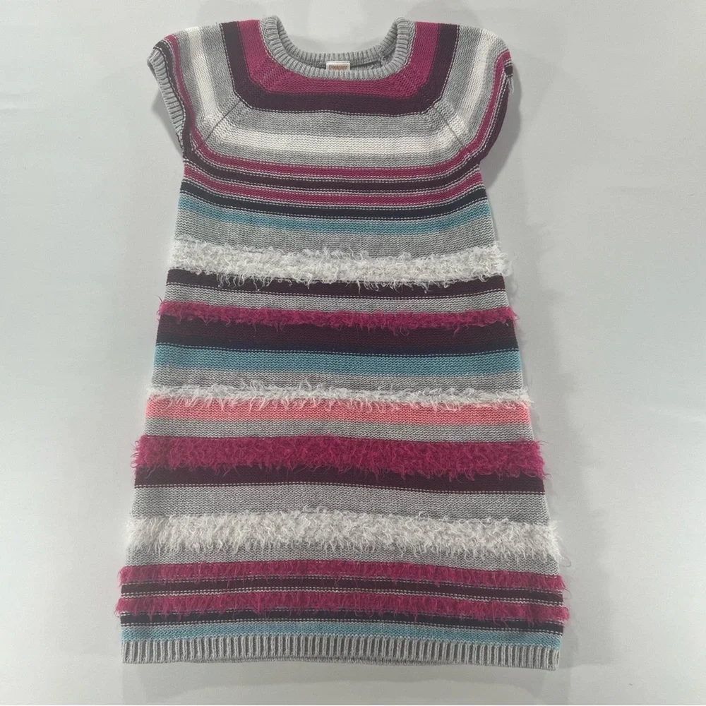 Gymboree Girls Sweater Dress Size 8 Striped Fuzzy Knit Pink Blue Cap Sleeve